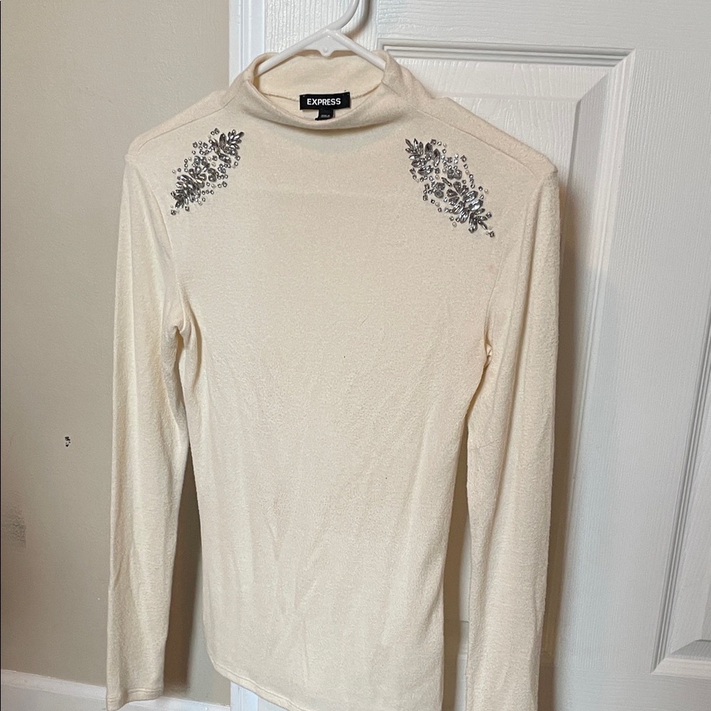 Express Cream Mock Neck Long Sleeve Top with Shoulder Embellishments